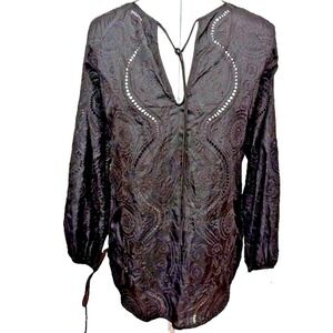 KA7 Black 100% Silk Embroidered Eyelet V-Neck Tunic Top Tie Cuff K2518-49K Small